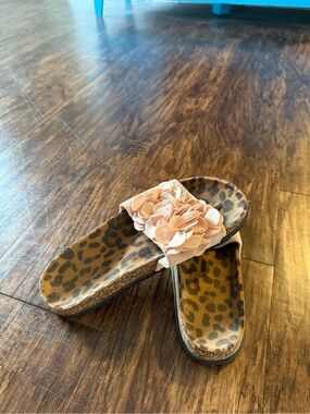 Leopard Print Slide Sandals with pink Floral Accent